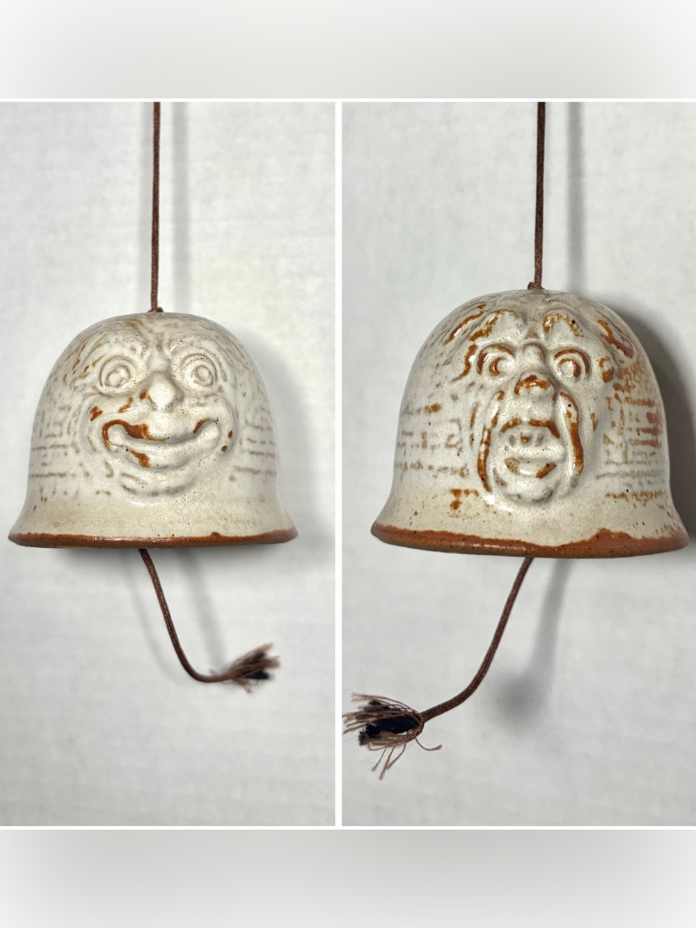 Moon-Faced Cream Glazed Ceramic Bell Wind Chime Artisanal Two-Faced Collectible